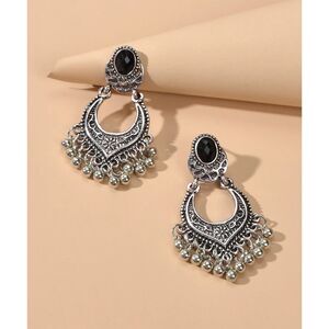 Round Black Onyx Silver Tassel Drop Earrings Chandelier Dangle Beaded Fringe New